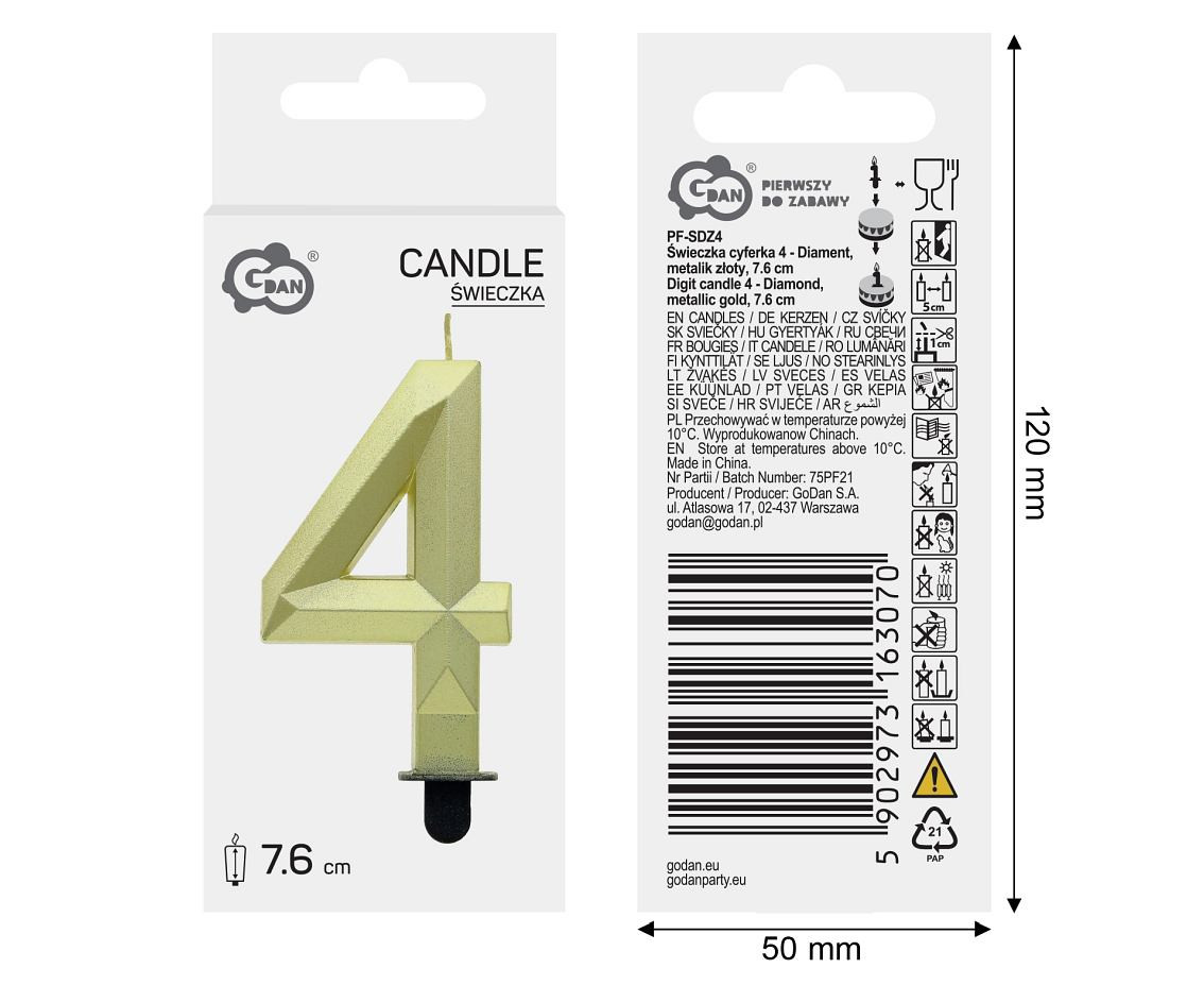 Digit candle 4 - Diamond , metallic gold, 7.6 cm